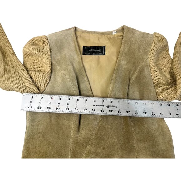David Benjamin Suede Leather Crop Jacket Large Knit Sleeves Bonanza Western 90s - Picture 5 of 14